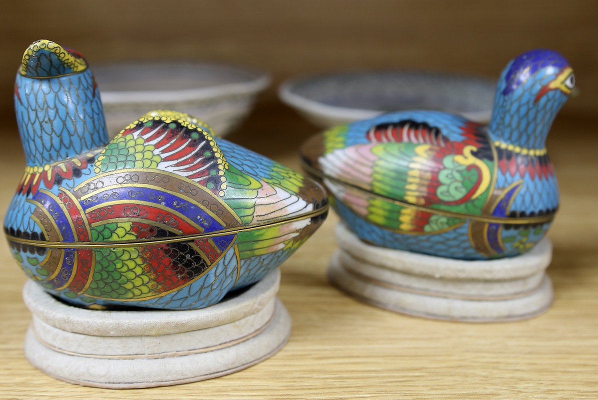 Five Chinese items including a pair of cloisonné enamel duck boxes and covers, a hardstone floral display and two dishes, largest 30cm. Condition - fair